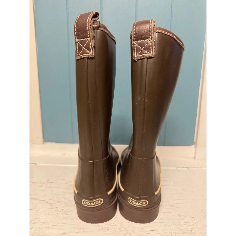 Coach Gardenia Brown Rubber Rain Boots Steel Shank‎ Waterproof Lug Sole A7600 7M